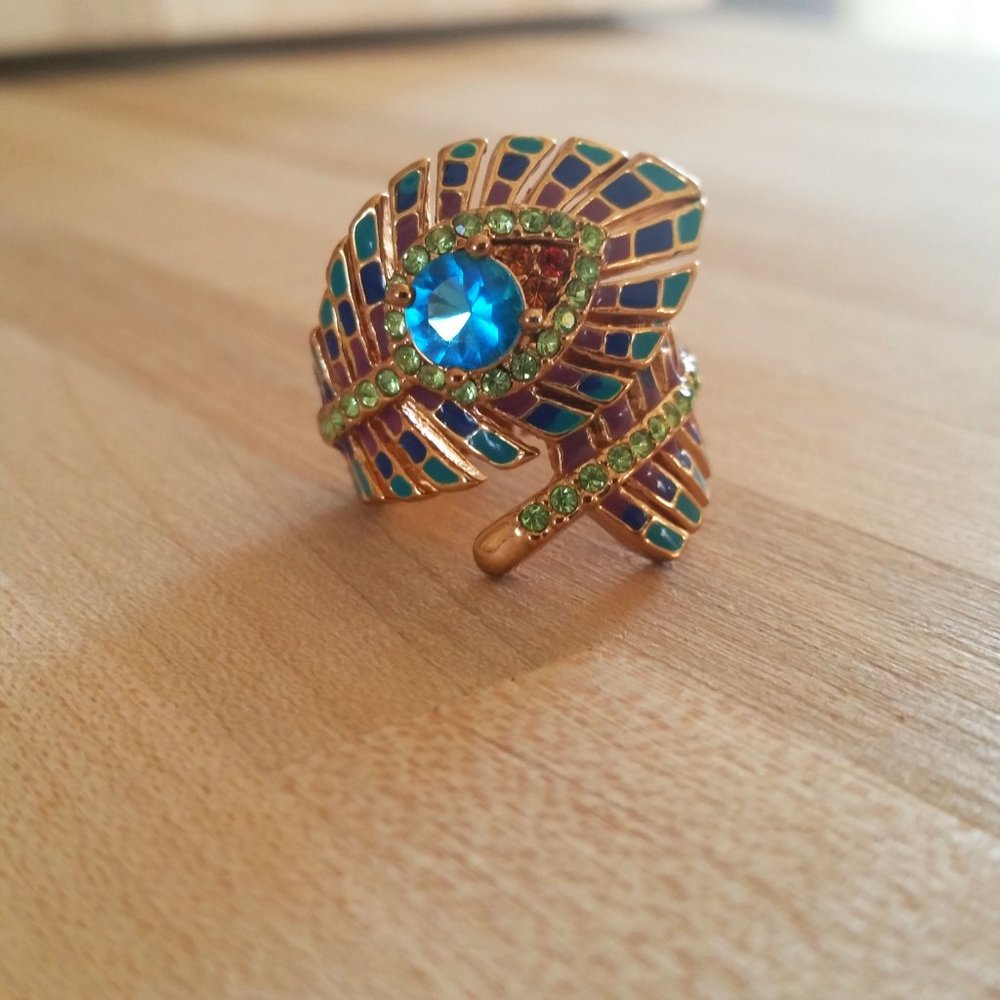 Enamel and Colored Glass Stone Spiral Feather Cocktail Ring. Gift
